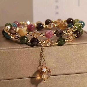 Colorful Crystal Beaded Wrap Charm Bracelet Gold Stretch Layered Gemstone Fshion